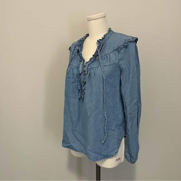Anthropologie Maeve Chambray Ruffle Long Sleeve Top - Picture 7 of 15